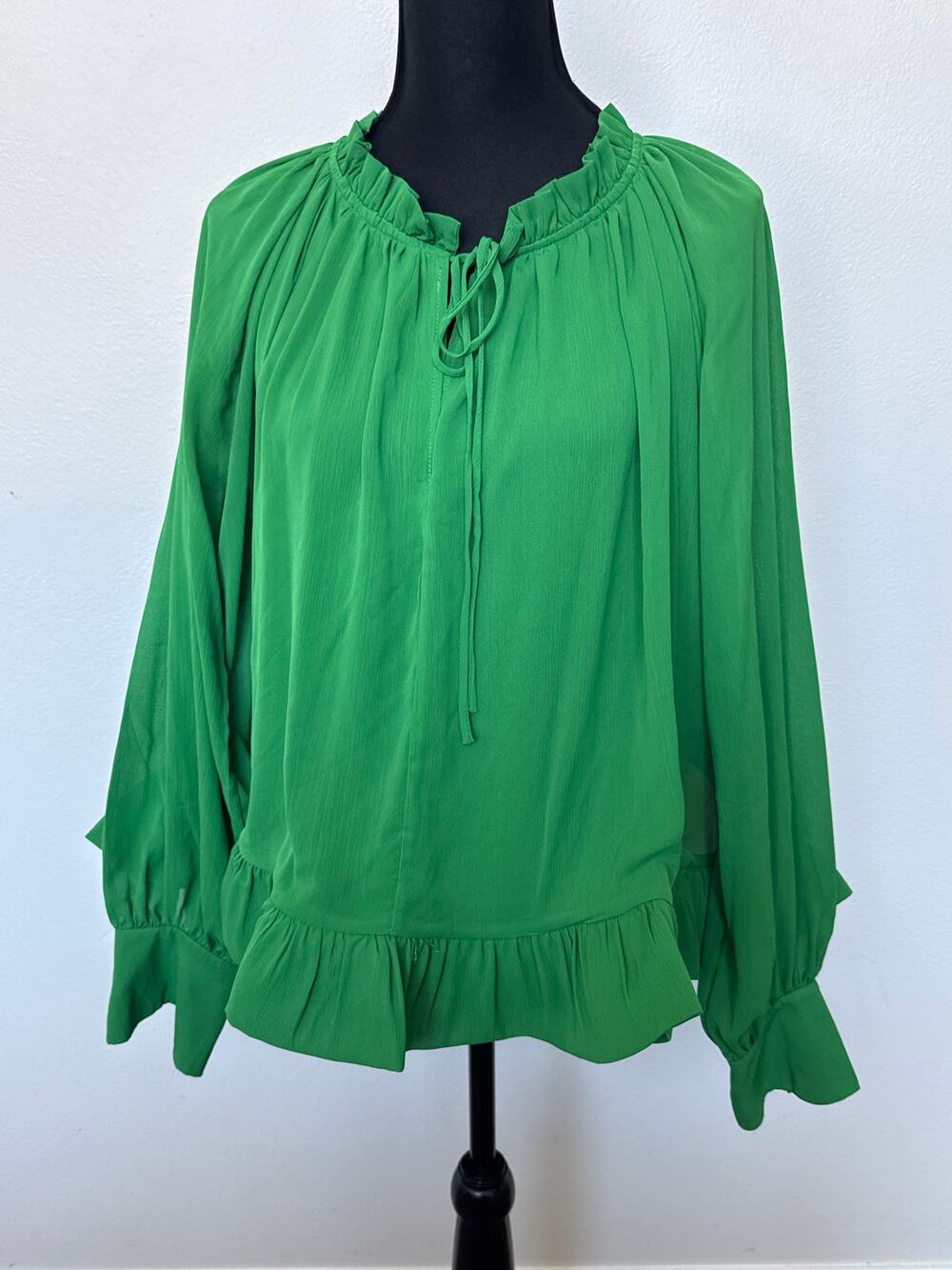 WoWo Long Sleeve Ruffle Trim Peplum Hem Blouse Top Green Womens Size Large